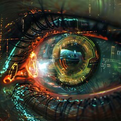 Aufkleber - Close-up of a cyber eye with integrated streaming holographic data, a fusion of human and AI elements