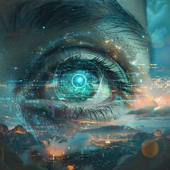 Aufkleber - Surreal tech eye gazing upon a cityscape, interfaced with an intricate holographic HUD