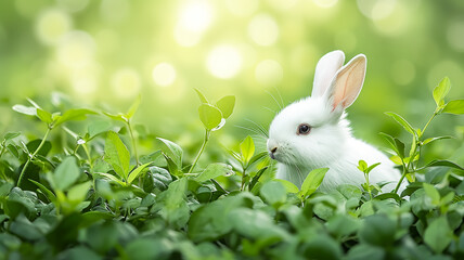 Wall Mural - Cute white rabbit sitting in the green grass, greeting card background