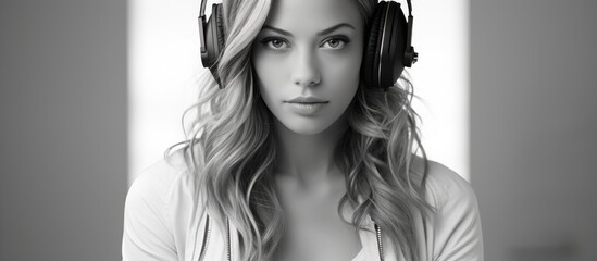 Sticker - A black and white photo capturing the womans smiling face adorned with headphones. Her hair frames her face while her eyelashes and eyebrows stand out. The flash photography highlights her features