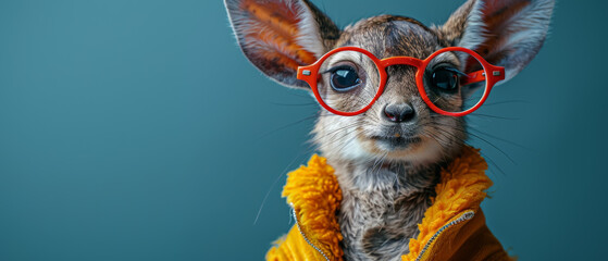 A fashionable meerkat strikes a pose with a stylish red scarf and sunglasses, set against a soothing blue backdrop