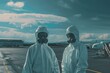 Two people in protective suits standing in front of an airplane