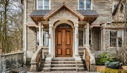 Wall Mural - old wooden house, Main entrance door in house. Wooden front door with gabled porch and landing. Exterior of georgian style home cottage with columns