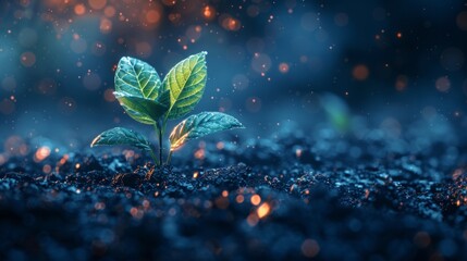 Leinwandbilder - A digital futuristic illustration of a growth plant on a dark night background. New year poster with glowing plant.