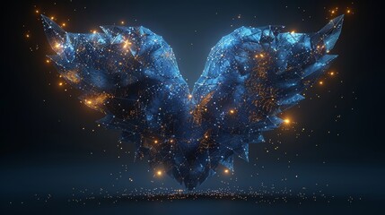 Poster - This is an abstract Happy 2024 New Year greeting card with flying blue hearts with wings. It has a low polygon style design. Abstract geometric background. Wireframe light structure. Modern 3D