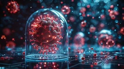 Aufkleber - A blue glass domed brain attacked by red viruses. Medical lab research concept. Low poly style. Blue geometric background. Wireframe connection structure. Modern 3D graphic.