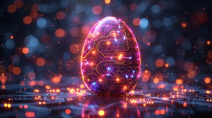 Wall Mural - The futuristic Easter egg is stylized in tech style with a circuit board texture on a greeting card with abstract 3D eggs. The illustration is a shining digital modern image.