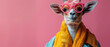 A whimsical depiction of a goat dressed in a vibrant yellow jacket set against a striking pink background captures the playful essence