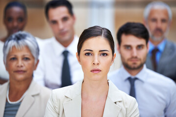 Canvas Print - Portrait, community and group of serious business people with manager, confidence and solidarity at startup. leadership, professional men and women together in office with teamwork, pride and trust