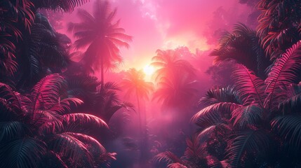 Poster - A neon frame under a photo of tropical leaves on a banner for a disco club. Poster for a DJ or night club.