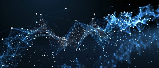 Poster - Dark blue abstract cyberspace background with abstract wave shape on low-polygonal triangular background for design on cyberspace, big data, metaverse, network security, data transfer.