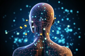 Wall Mural - silhouette of a human body with the blood circulatory system and neural connections around head and brain in form of a hologram on a dark background with lights, biotechnology concept