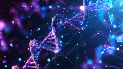 Poster - An abstract 3D DNA molecule helix in blues and purples. This design is based on a low poly style. It has a geometric background with wireframe light graphic connection structure.