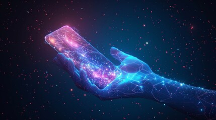 Aufkleber - Hand holding phone. Abstract low-poly wireframe  technology illustration. Starry sky with cosmos in blue color. Screen and palm. Digital concept of gadgets and devices.