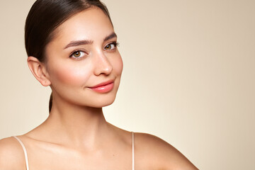 Wall Mural - portrait beautiful young woman with clean fresh skin. model with healthy skin, close up portrait. co