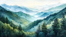 A Watercolor Painting Depicting A Rugged Mountain Range Dotted With Lush Green Pine Trees. The Tall Peaks Stand Against A Blue Sky, Creating A Peaceful And Scenic Landscape.