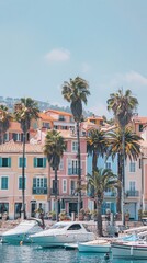 Poster - A row of colorful buildings with palm trees in front of them. The buildings are in a foreign country
