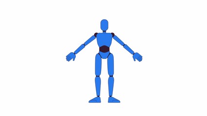 Poster - Human like mannequin squatting line 2D character animation. Dance moves imitation by model flat color cartoon 4K video, alpha channel. Artist pose doll animated personage on white background