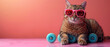 Fashion-forward tabby cat striking a pose on mini roller skates, complete with oversized red sunglasses