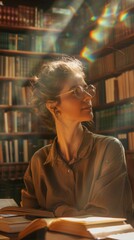 Poster - A woman is seated at a table positioned in front of a bookshelf filled with books. She appears to be engaged in reading or studying. The setting seems to be a cozy study or library.