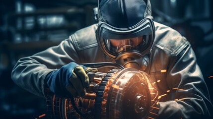 Poster - Generative AI Close-up of an auto mechanic working on an exhaust system, welding equipment in use, automotive workshop backdrop