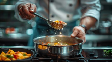 Professional Chef Cooks Flambe Style. He Prepares Dish in a Pan with Open Flames.