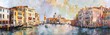 A detailed watercolor painting depicting a canal in Venice, Italy. The artwork captures the iconic gondolas, historic buildings, and picturesque bridges that line the narrow waterway.