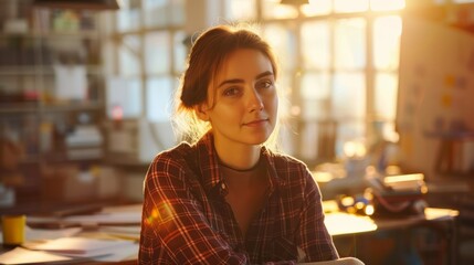 Aufkleber - A woman is seated at a table, using a tablet. She appears focused on the screen as she interacts with the device.