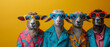 A row of funny goats wearing vibrant jackets and sunglasses with a creative pop of color