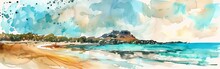 A Watercolor Painting Featuring A Beach With Gentle Waves Crashing Onto The Shore, Framed By A Majestic Mountain In The Background. The Sandy Beach Is Dotted With Seashells And Tropical Vegetation Und