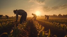 Generative AI Sunset Over A Tranquil Farm, With Workers Using Traditional Methods To Handpick Corn In A Vast, Amber-hued Cornfield.