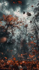 Poster - A forest with trees and leaves falling. The trees are tall and spread out, giving the impression of a vast