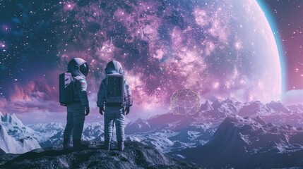 Poster - Two Astronauts in Space Suits Stand on the Planet and Looking at the The Milky Way Galaxy. In the Background Lunar Base with Geodesic Dome. Moon Colonization and Space Travel Concept.