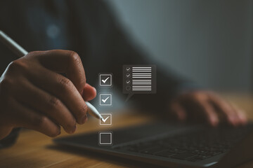 Poster - Sign assessment for certificate in online survey form, questionnaire, evaluation, online survey exam Choosing the right answer in the exam, filling out. Digital form checklist