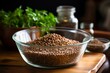 Buckwheat in a glass bowl, against the backdrop of kitchen utensils, demonstrating the freshness and naturalness of the product, embodying buckwheat aesthetics.