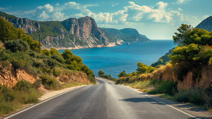 Wall Mural - a road leading to the sea - road trip travel advertisement - vacation to the ocean coast illustration asset.