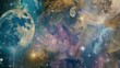 Cosmic Collage Background with Stars, Moons & Galaxies
