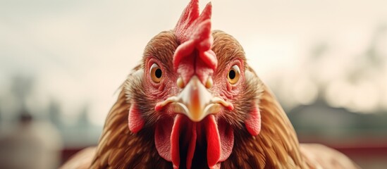 Wall Mural - A closeup of a Chickens head with its beak open, showing its adaptation for feeding. The Galliformes organism has a prominent comb and liver for digestion