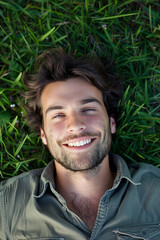 A beautiful model lying on a grass field