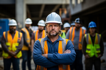 Wall Mural - Construction foreman leading a team of workers. Generative AI