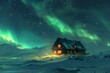 Northern lights viewing in Iceland, snowy landscape, Wooden abode lit amidst snowy forest, clear twilight skies reveal cosmos above, frosted peaks in distance reflect dusk's golden hues.