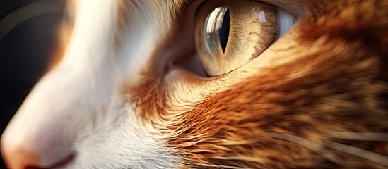 Poster - Closeup capture of a felidaes eye showcasing its mesmerizing details like whiskers, fur, and eyelashes against a dark backdrop, a captivating piece of art