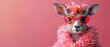 A charming llama adorned with a flower and wearing pink heart-shaped glasses is showcased