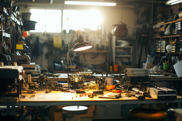 Electronic workshop with various devices, components, tools under desk lamp, technician in background. Technology repair and craftsmanship concept. Warm indoor lighting and organized workspace