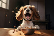 Pet dog excitedly eating dry kibble from a bowl in the kitchen in the morning. Generative AI
