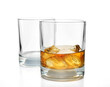 clear image showcasing two glasses—one empty and one filled with golden whiskey and ice—against a white background.