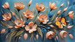 spring flowers painted with oil paints on canvas in peach tones and bright orange butterfly	