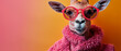 A digitally altered image of a llama wearing earrings and a pink fur giraffe on an orange background