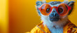An adorable lemur sporting trendy orange sunglasses and a bright yellow raincoat captivates with its expressive face