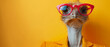 An ostrich stares comically at the camera, wearing a yellow polka-dot shirt and oversized pink sunglasses
